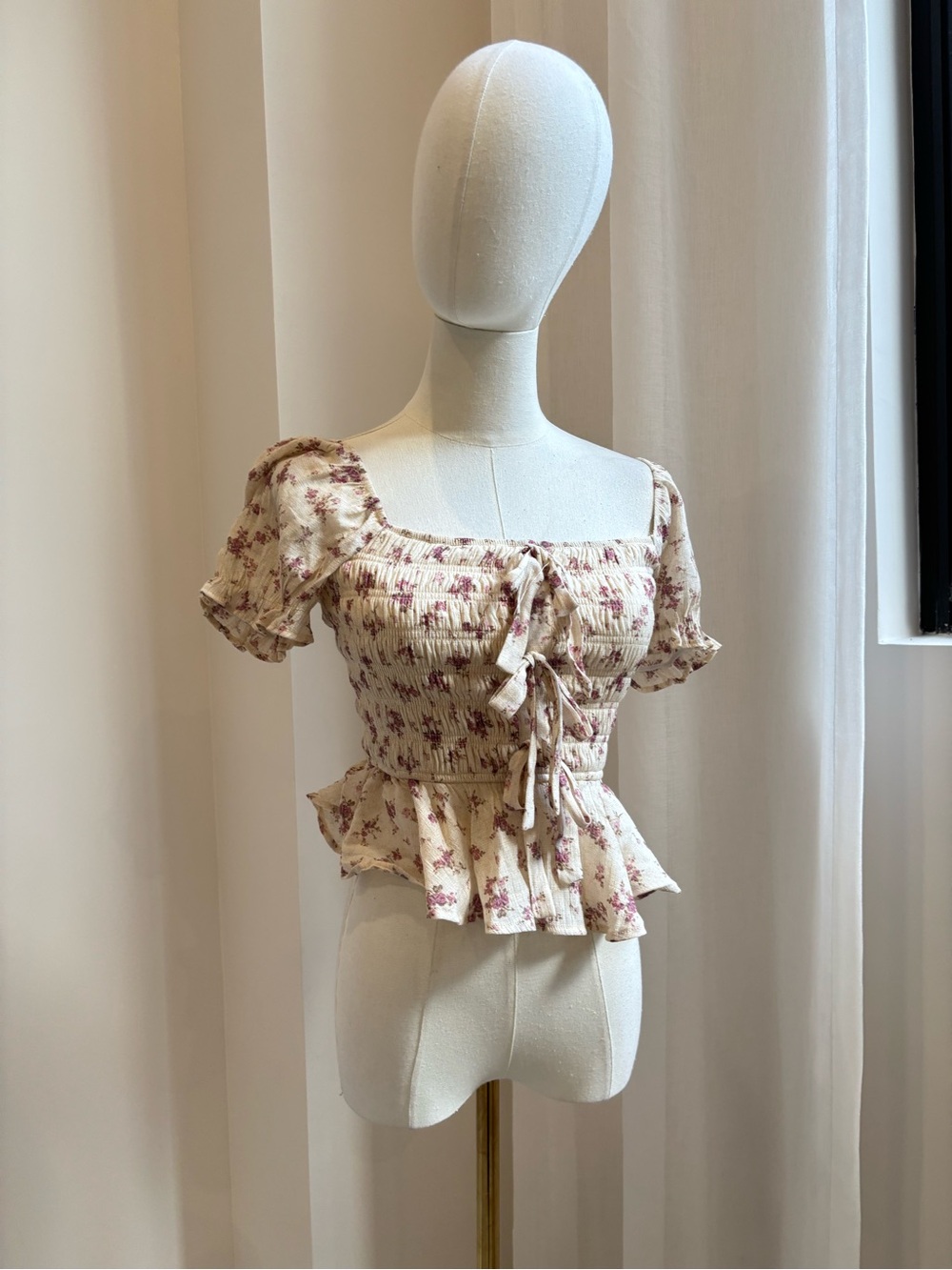 Trixxi Los Angeles Floral Smocked Milkmaid Peplum Top with Tie Front